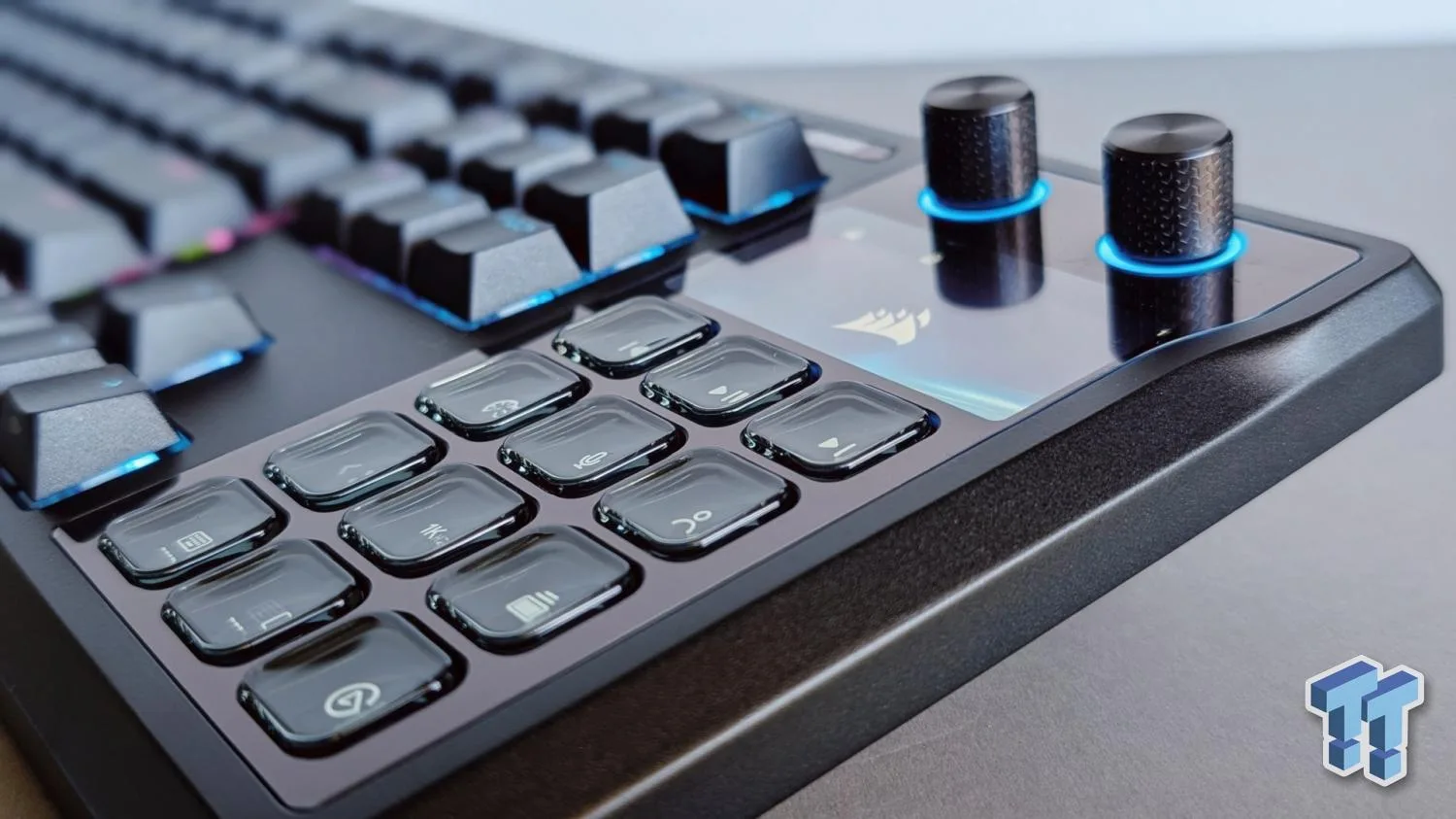 The Corsair Galleon 100 SD keyboard with integrated Stream Deck and plush wrist rest, showcasing its TKL layout.