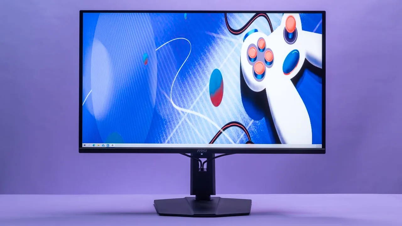 MSI MPG 321URX QD-OLED gaming monitor with slim bezels and a USB-C port, showcasing its sleek design and high refresh rate ca