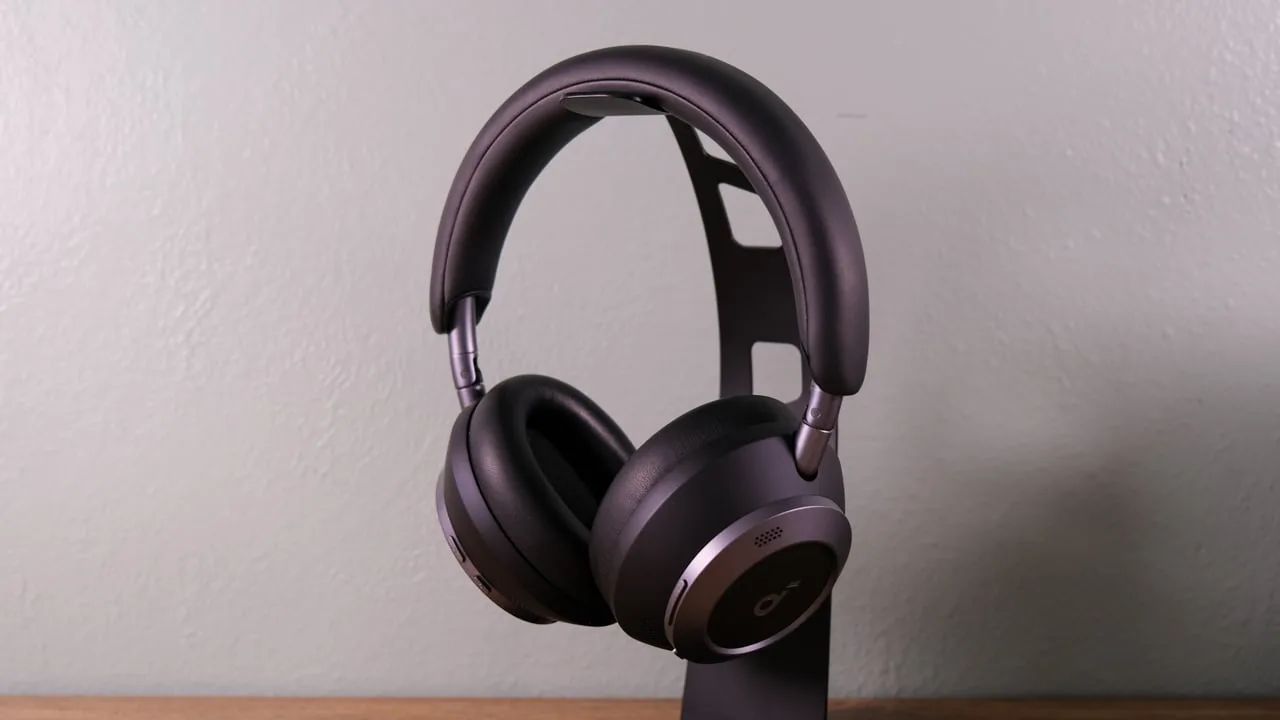 Soundcore Space One headphones with over-ear design, featuring foldable ear cups and a sleek black finish.